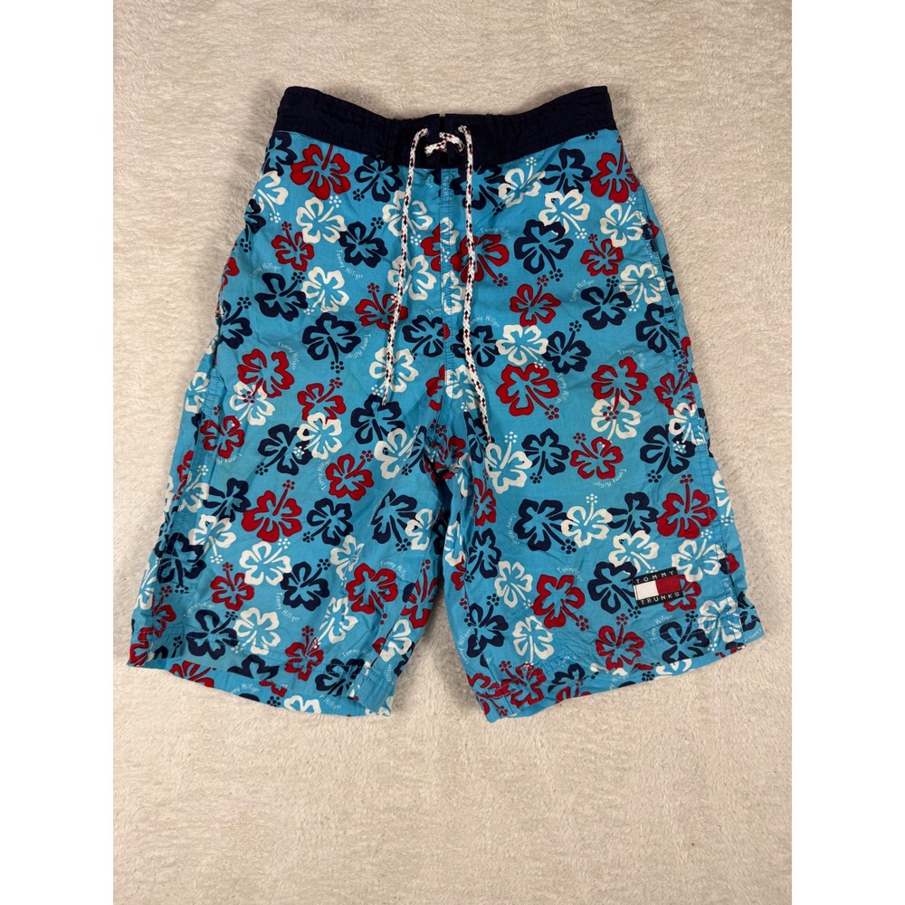 Tommy Hilfiger Swim Trunks Kids M Blue Red Hibiscus Floral Vintage Y2K Beachwear